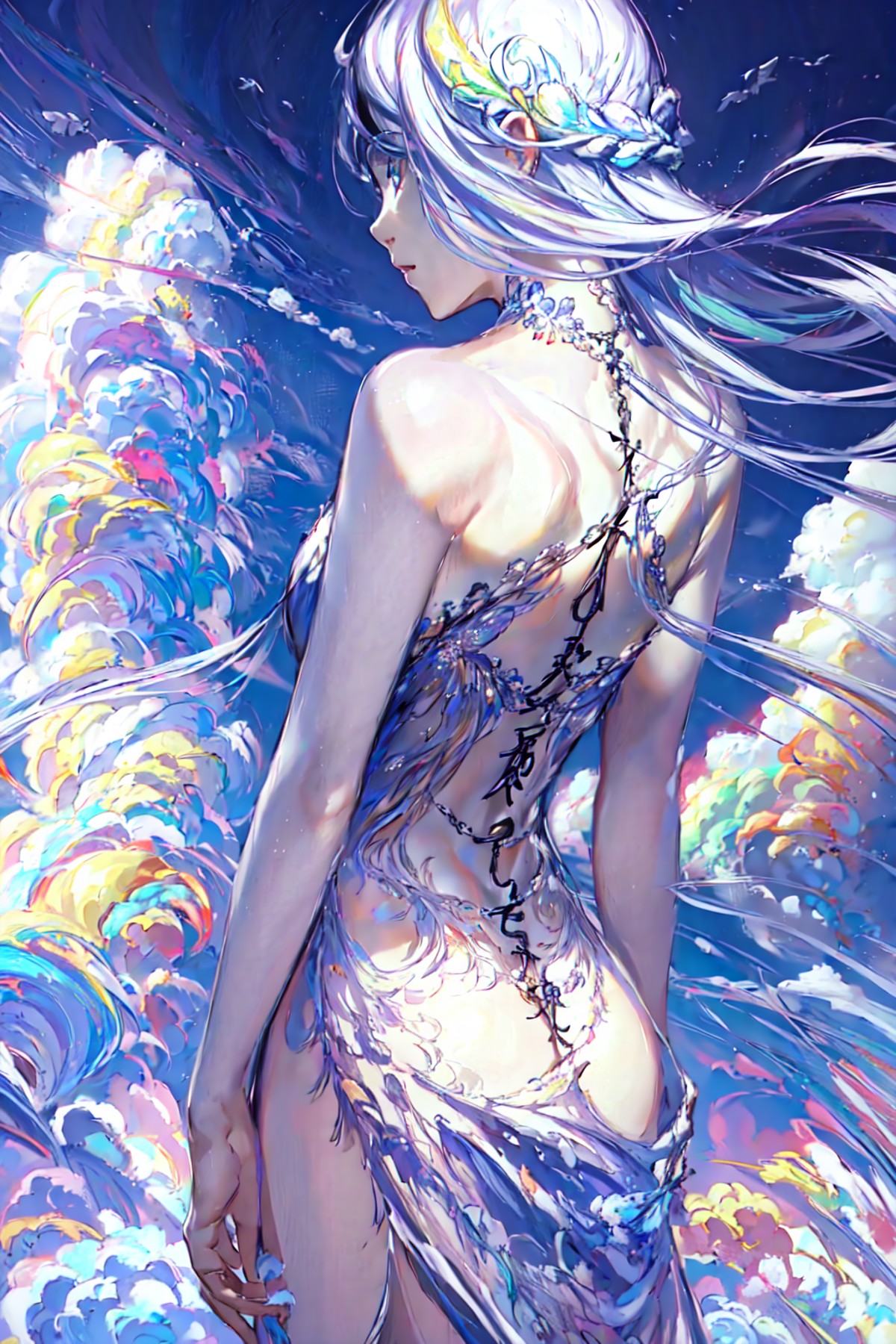 masterpiece, best quality, 1girl,dress,cloud,back,long hair, 
 <lora:StarryShade:1>